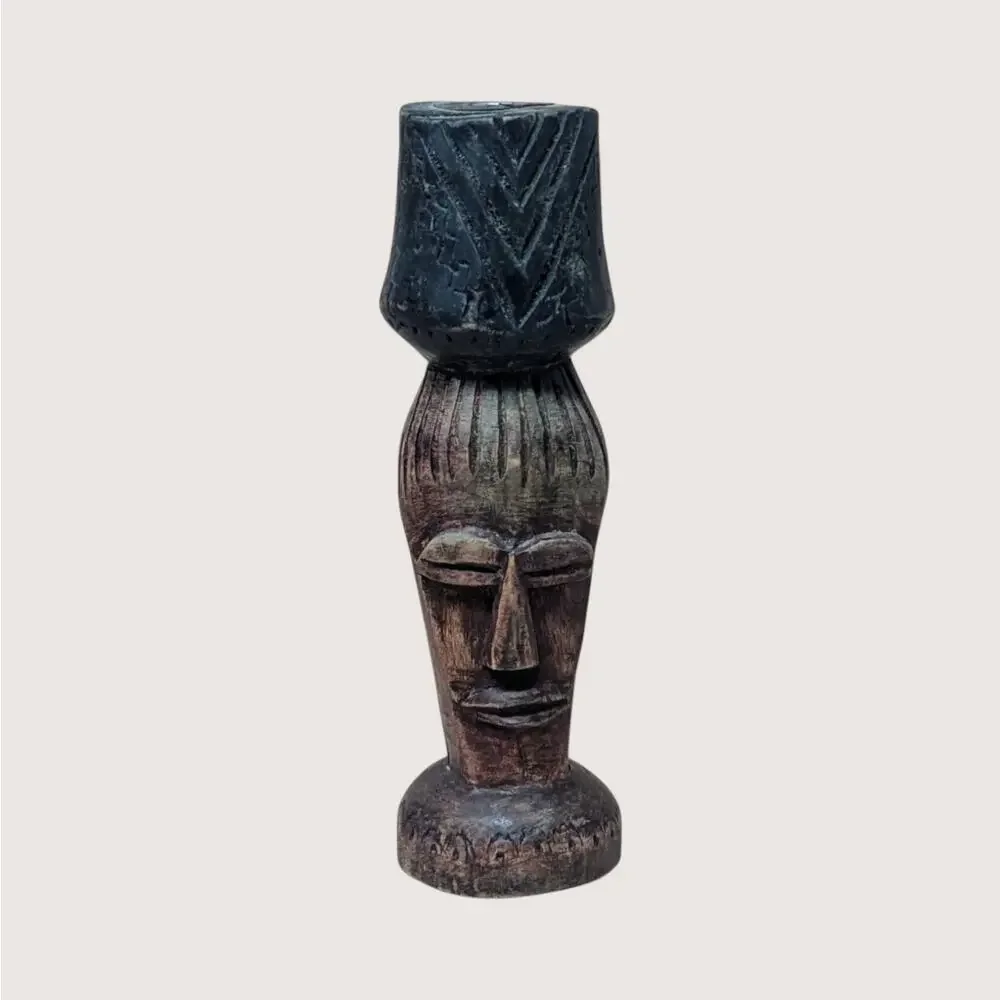 Vintage Hand Carved Wooden Figural Candle Holder Pair